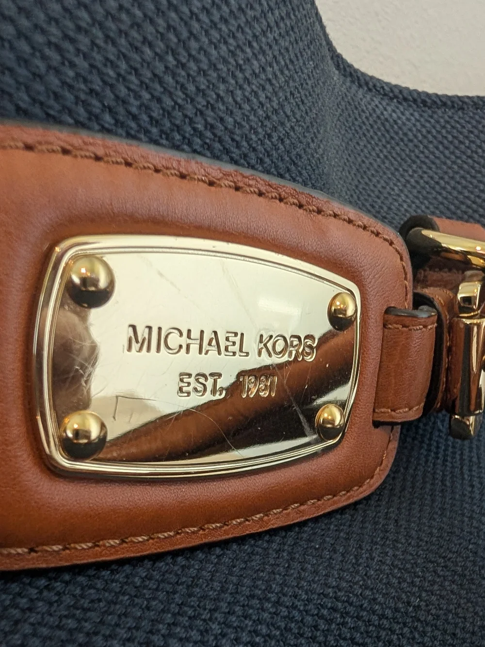Michael Kors Navy Canvas Bag With Brown Leather Trim